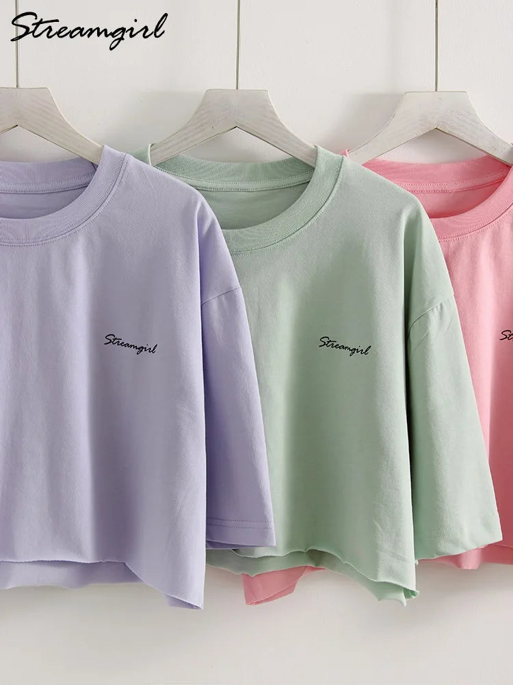 White Cotton Crop T Shirts For Women Loose Fit Summer Sexy Baggy Crop Top Tee Short Sleeve Oversize Cropped T Shirt Women Purple