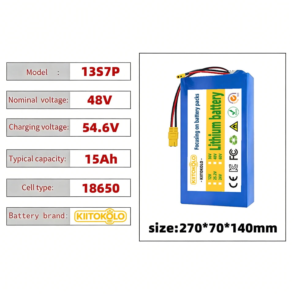48V 15Ah High Capacity E-Bike Battery 18650 Lithium-ion Pack 13S7P with BMS + 54.6V Charger for Electric Scooter/E-Bike