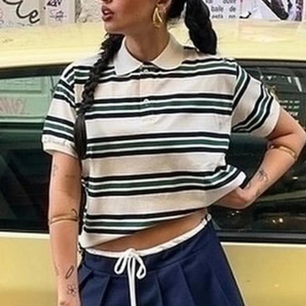 Fashion Womens Striped Shirts Short Sleeve Lapel Collared Teen Girls Preppy Henley 90s Vintage Tee Crop Tops Y2K T Shirts
