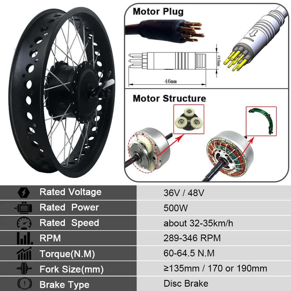 Electric Bike Rear Hub Motor Kit 36V 48V 500W 750W Electric Bike Rear Hub Motor Kit Fat Tire Bikes 20inch 24inch 26inch