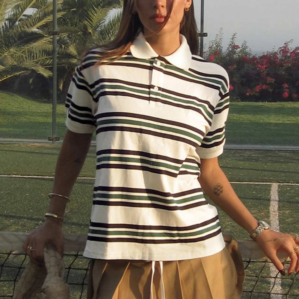 Fashion Womens Striped Shirts Short Sleeve Lapel Collared Teen Girls Preppy Henley 90s Vintage Tee Crop Tops Y2K T Shirts