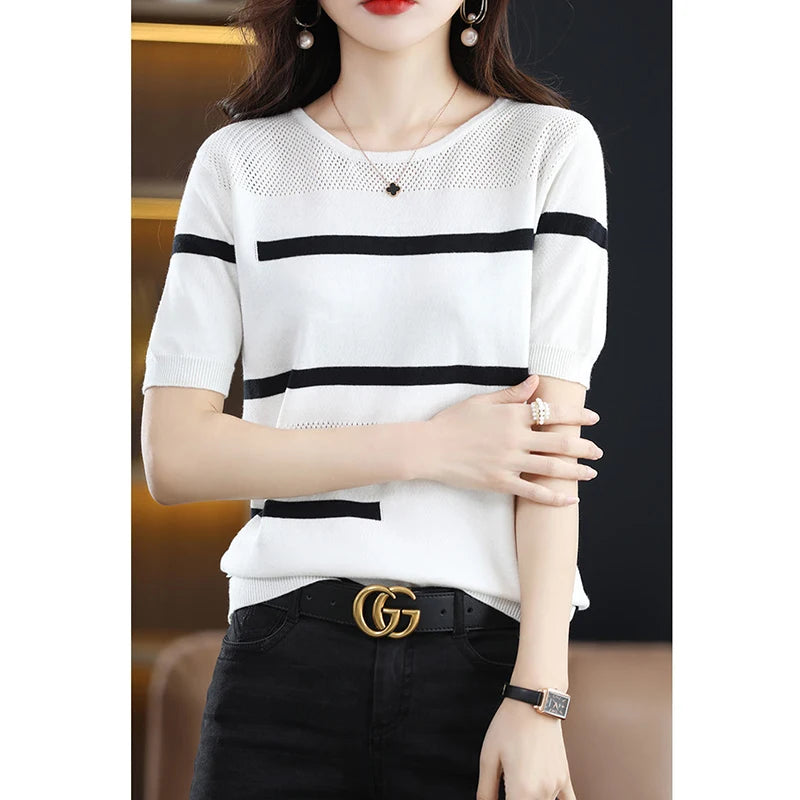 Spring Summer O Neck Vintage Striped Patchwork Knitting Tee Ladies Loose Casual All-match Pullover Top Women Hollow Out T-shirt