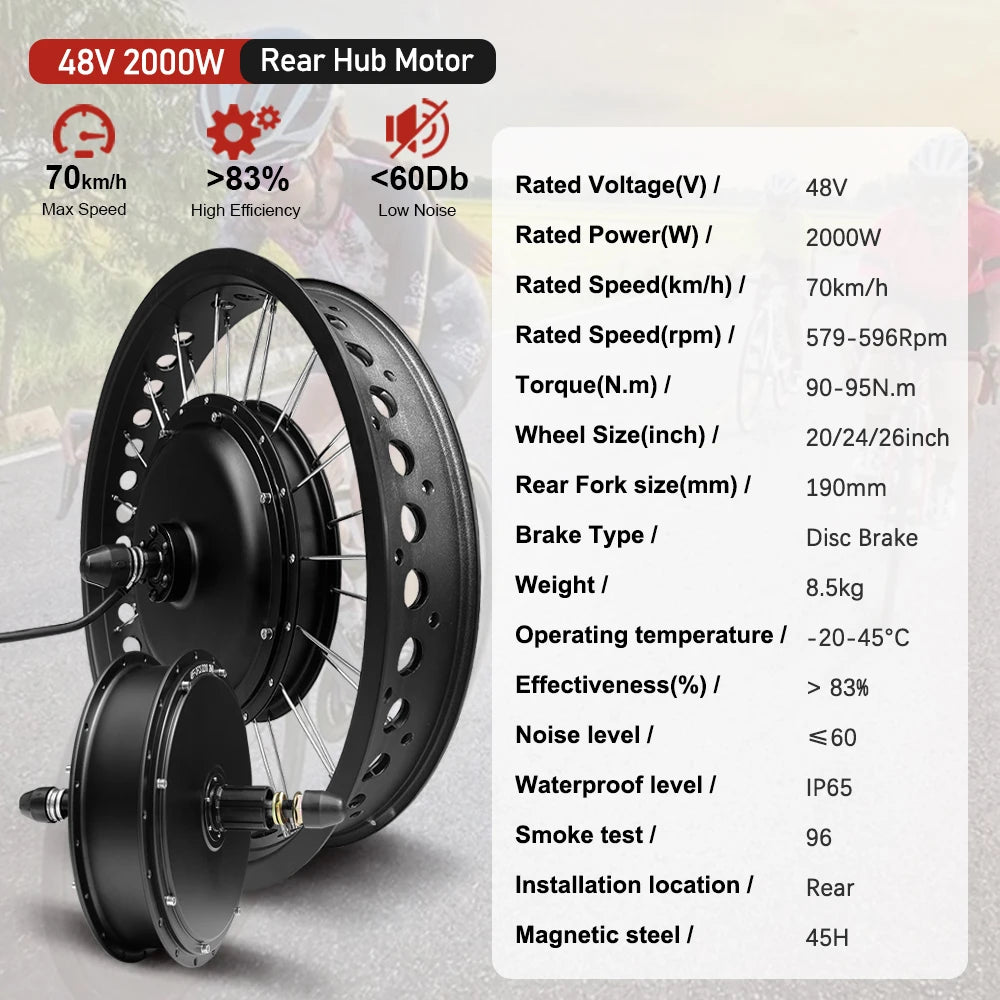 48V2000W Electric Fat Bike Motor Kit 4.0Tyre Rear Dropout 190mm Brushless Non-gear Hub Motor Wheel for Snow Ebike Conversion Kit