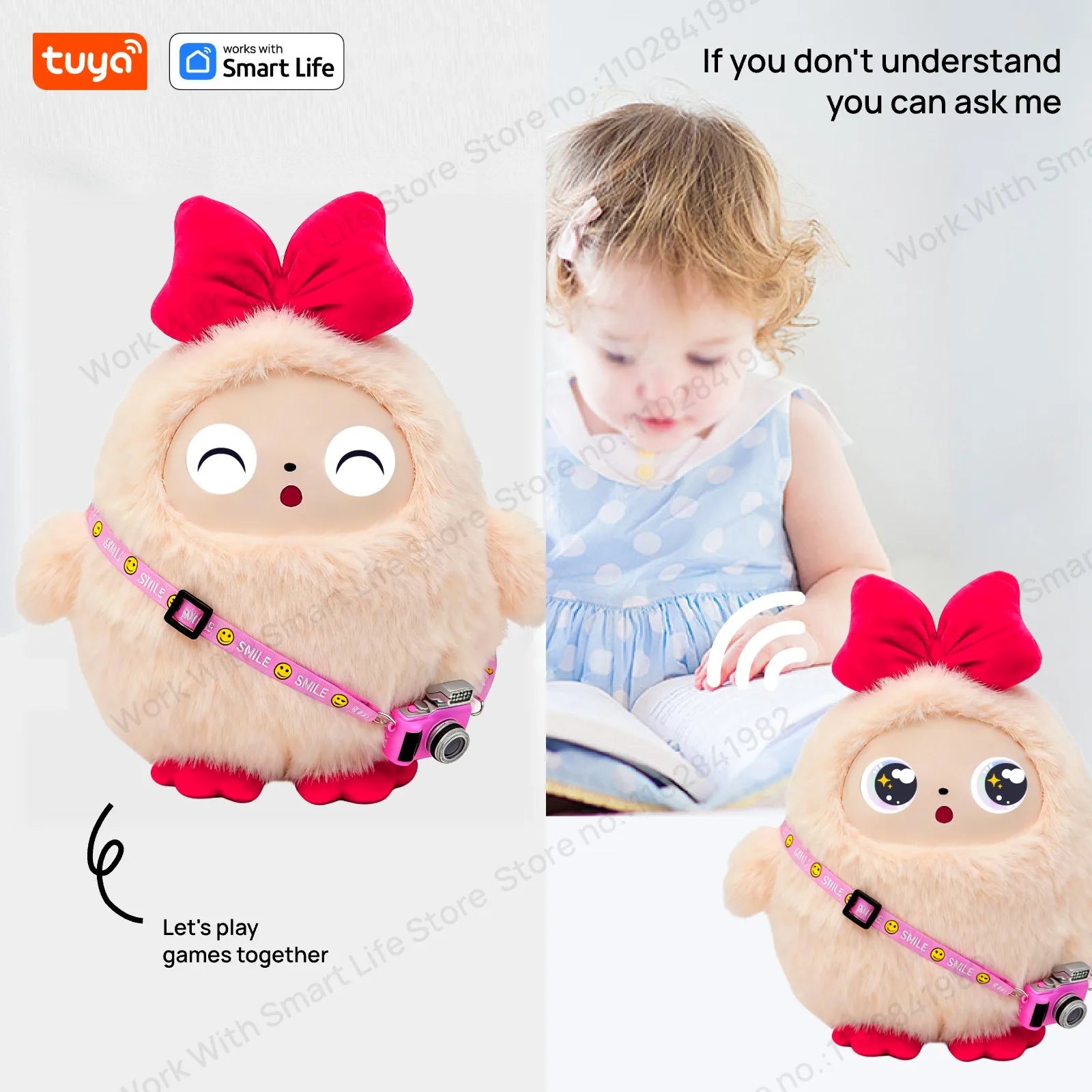 Cute Kiki-AI Plush Toy W/Smart Voice&LED Eyes,Interactive Companion ReadyRechargeable E-Pet open up fun life W/Tuya App-Pink