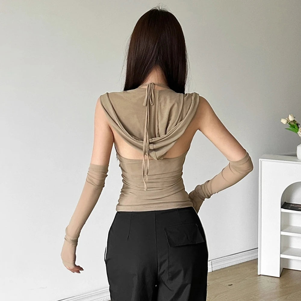 SylCue Casual With A Hat Solid Frenulum Backless Ruched Versatile Atmosphere Style Fashion Skinny Advanced Sense 2024 Hot Vest