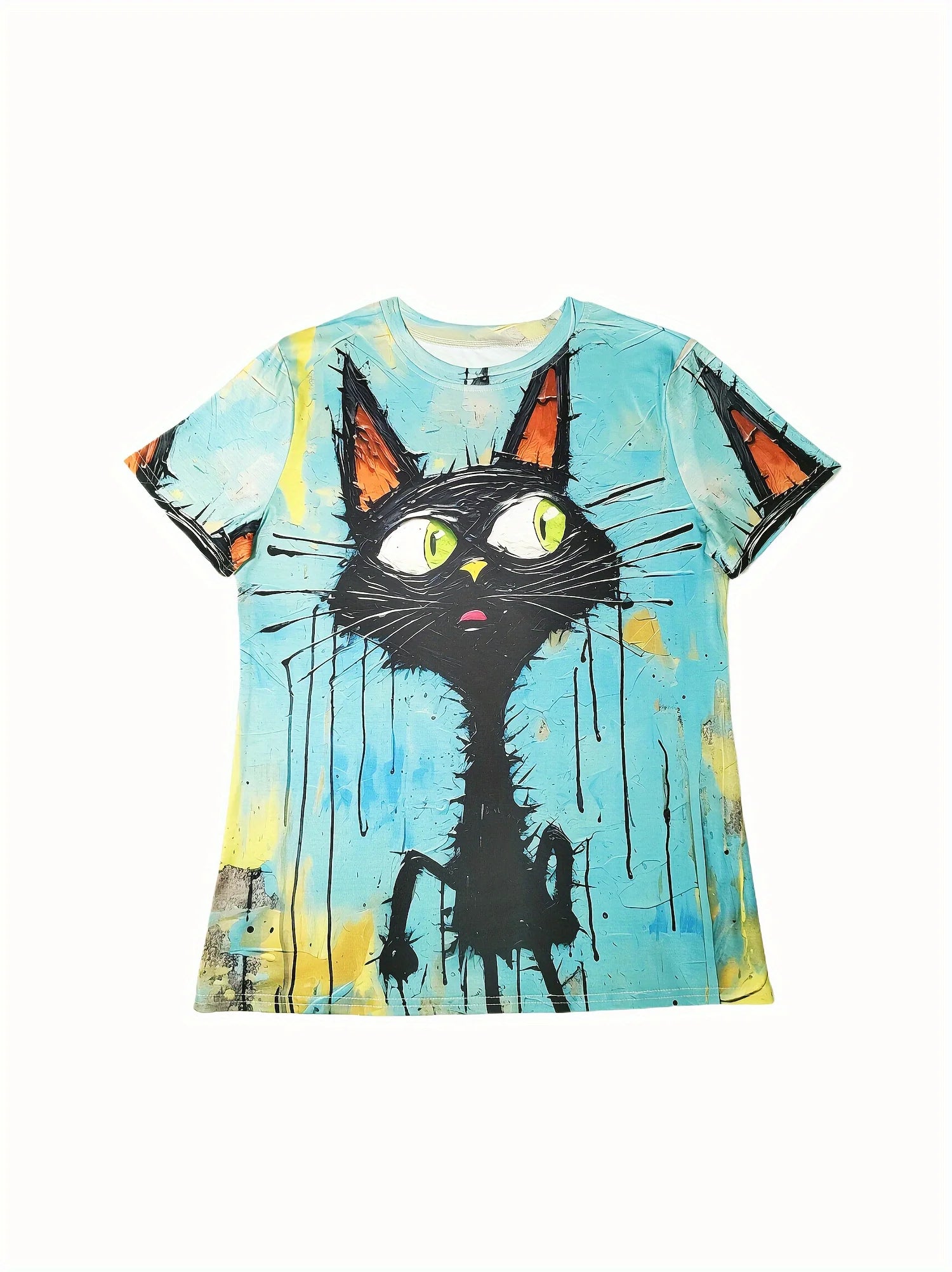 Turquoise Pop Art Cat Women's Tee - Bold Black Cat & Drip Graphic, Edgy Artistic Print Design for Casual Daily Wear