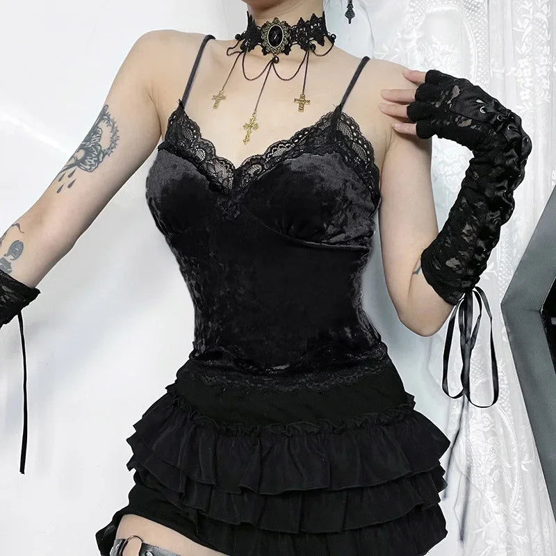 Lace Trim Gothic Aesthetic Vlevet Camisole Grunge Punk Bodycon Vneck Women Crop Tops Backless Basic Autumn Alt Clothes