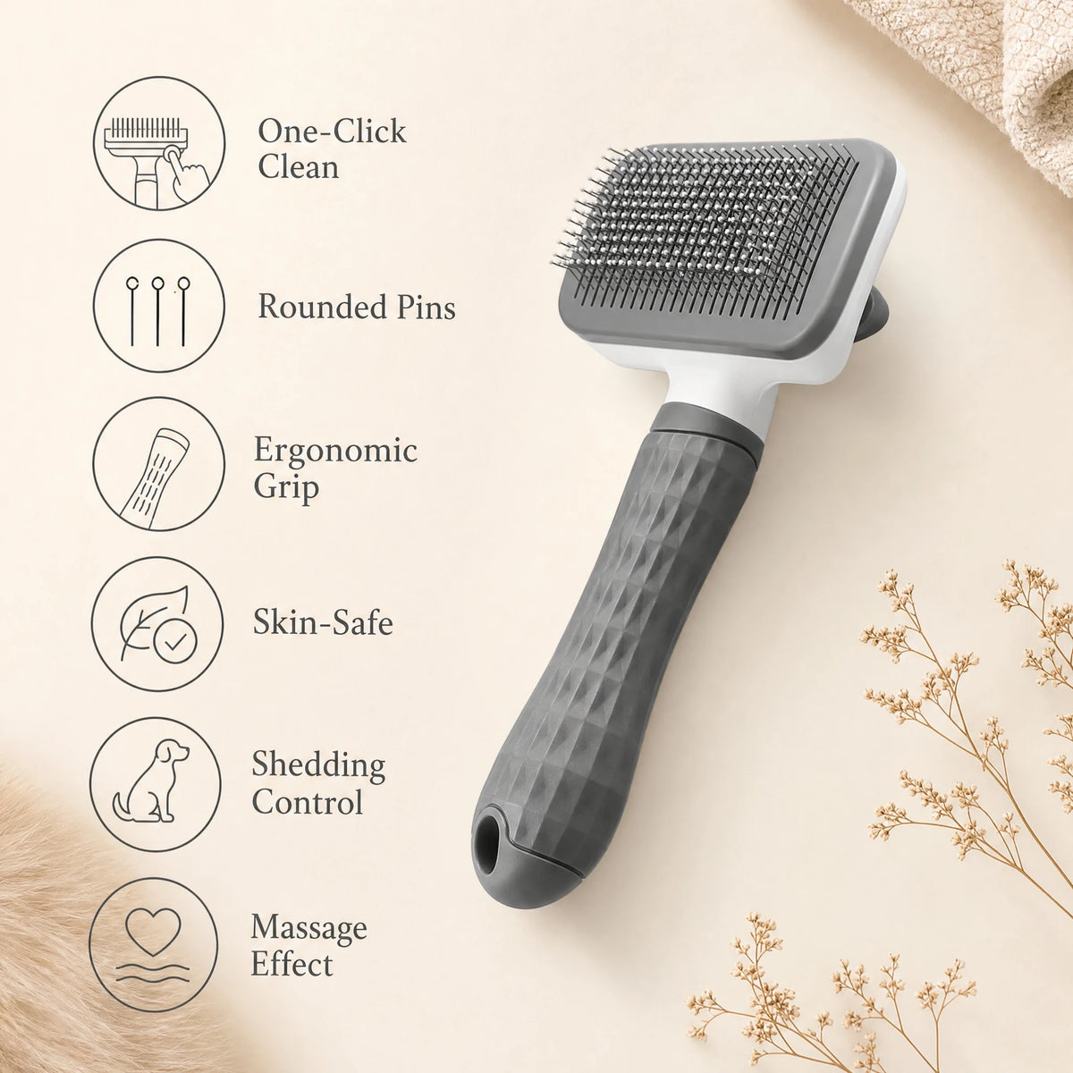 Universal Pet Detangling Brush, Massages Out Knots & Mats. 19cm, for Long/Short Hair, Soothing
