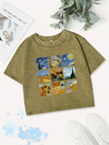 Sexy Cotton Crop Tops Women Van Gogh'S Starry Night Sunflowers Prints Washed T-Shirt Y2K O-Neck Regular Fit Tees Summer Clothes