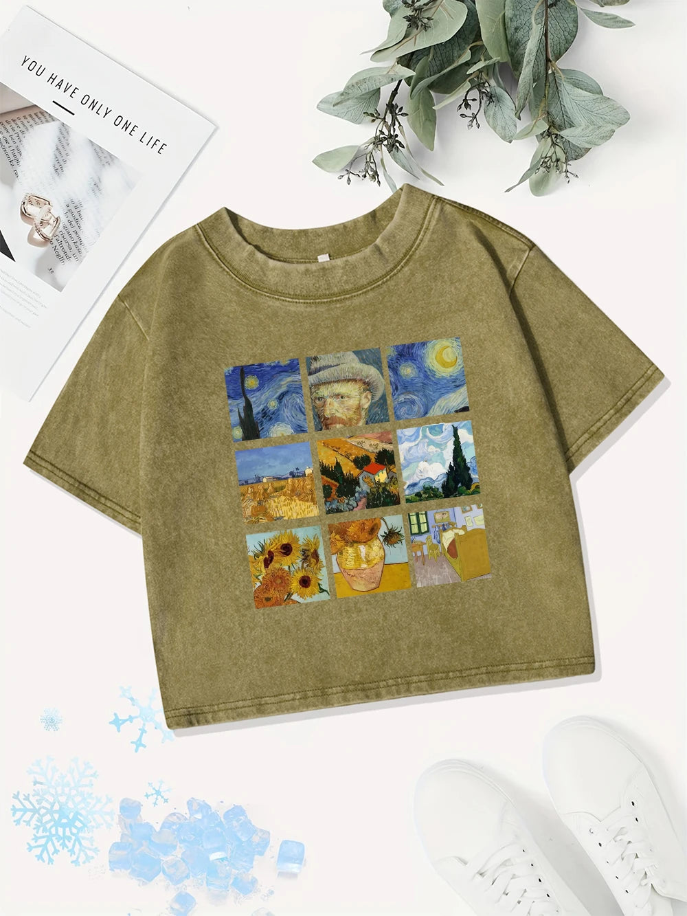 Sexy Cotton Crop Tops Women Van Gogh'S Starry Night Sunflowers Prints Washed T-Shirt Y2K O-Neck Regular Fit Tees Summer Clothes