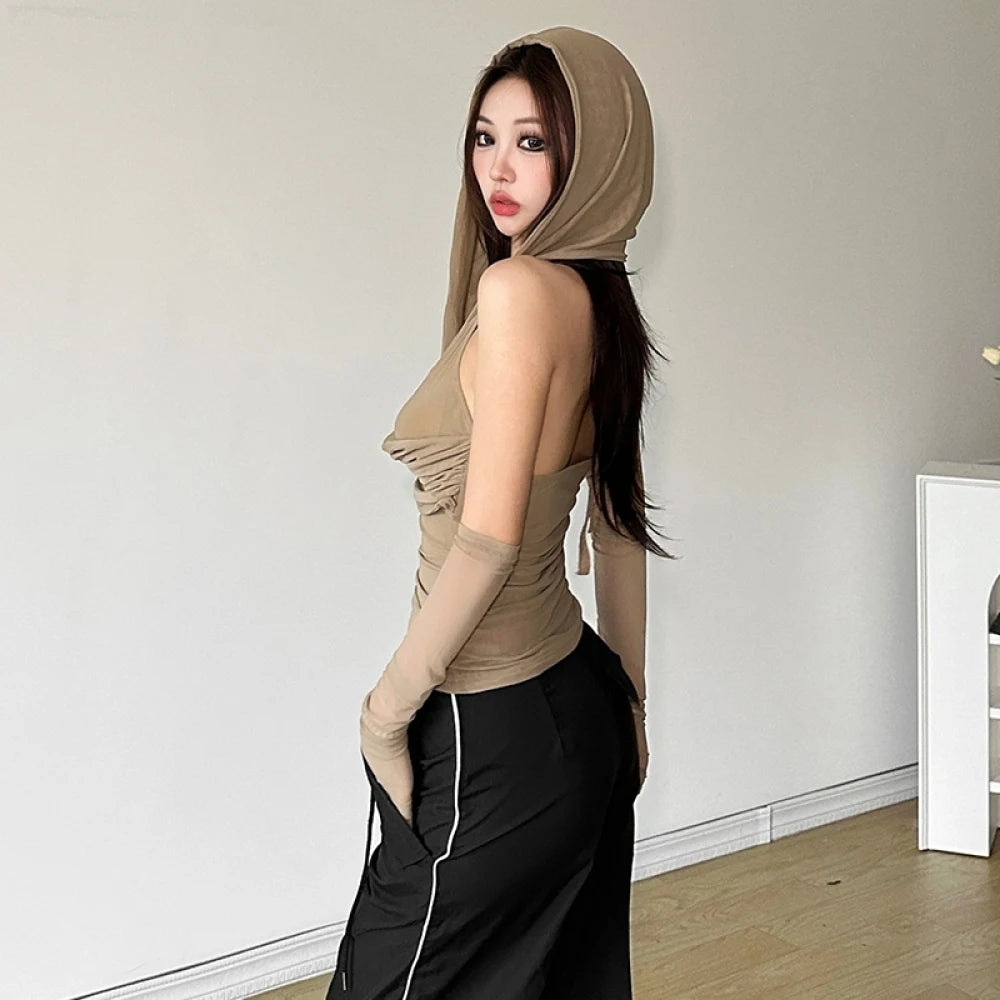 SylCue Casual With A Hat Solid Frenulum Backless Ruched Versatile Atmosphere Style Fashion Skinny Advanced Sense 2024 Hot Vest