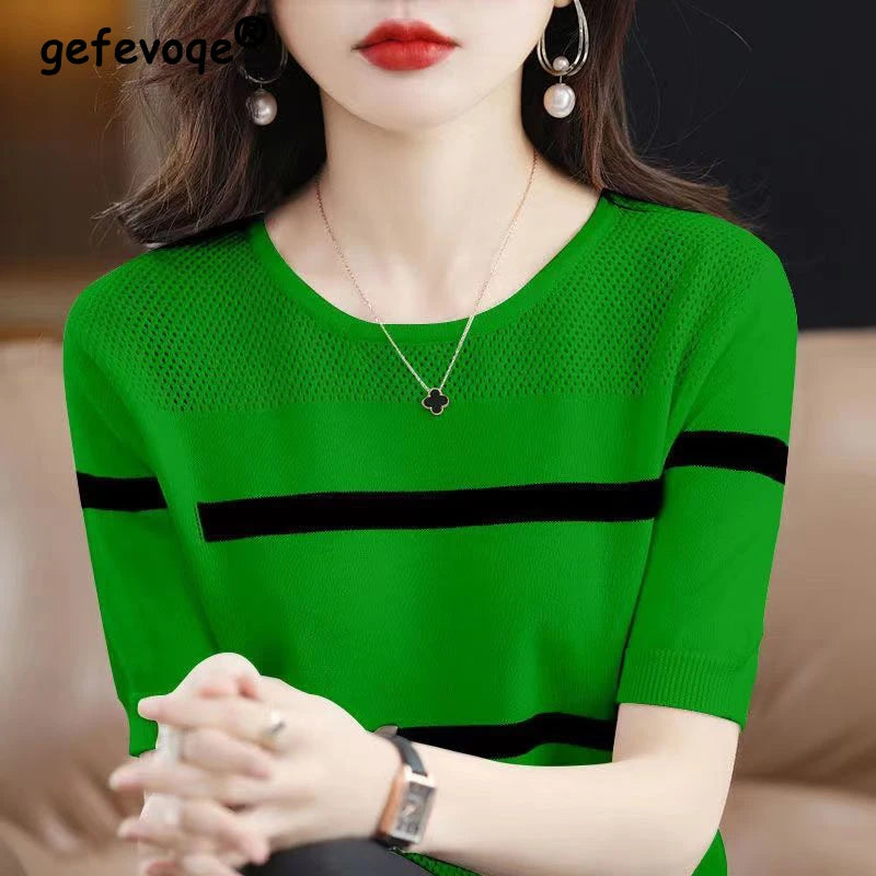 Spring Summer O Neck Vintage Striped Patchwork Knitting Tee Ladies Loose Casual All-match Pullover Top Women Hollow Out T-shirt
