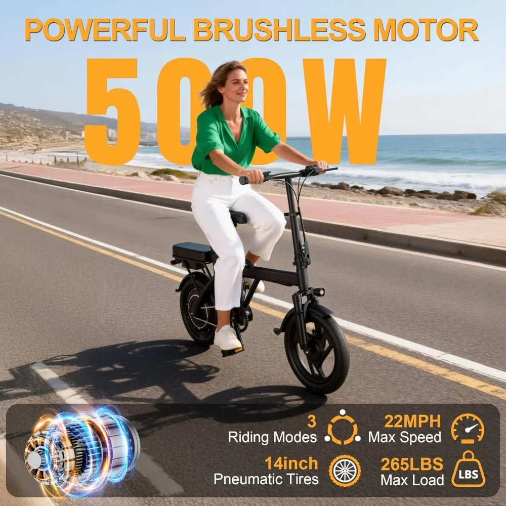 Bike for Adults, 500W Motor, 20 MPH Max Speed Folding Ebike, 14" Electric Bicycles, Max 20/30 Miles Range，Customized