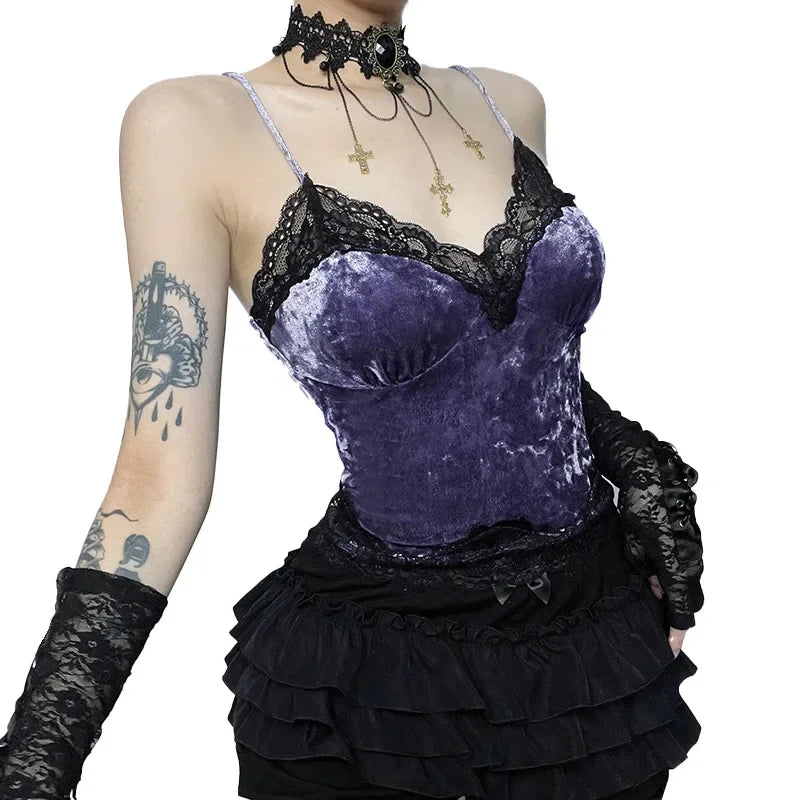 Lace Trim Gothic Aesthetic Vlevet Camisole Grunge Punk Bodycon Vneck Women Crop Tops Backless Basic Autumn Alt Clothes