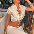 Tossy White Ruffled Lace-Up Tank Top For Women Pleated Solid Sleeveless Cardigan Cropped Top Summer Commute Sexy Bandage Y2k Top