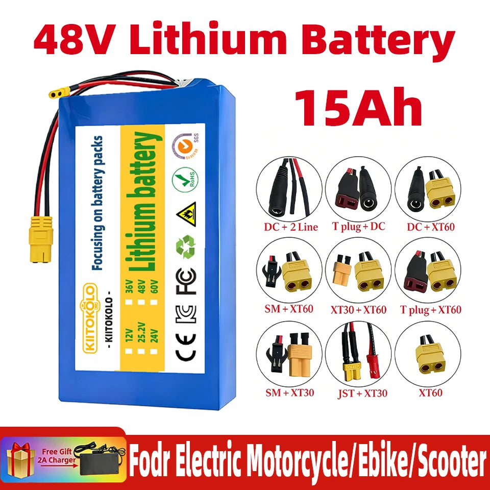 48V 15Ah High Capacity E-Bike Battery 18650 Lithium-ion Pack 13S7P with BMS + 54.6V Charger for Electric Scooter/E-Bike