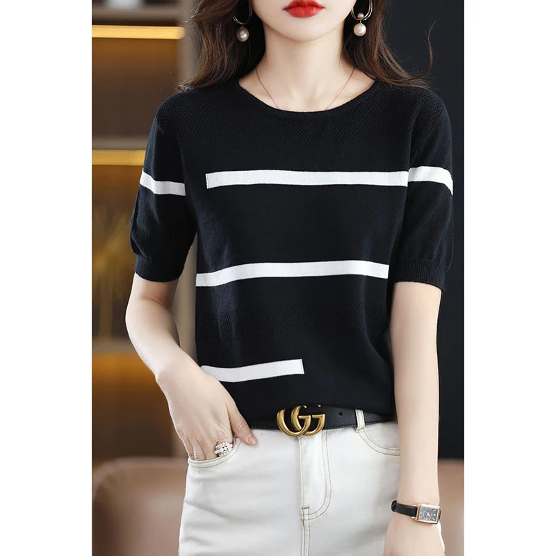 Spring Summer O Neck Vintage Striped Patchwork Knitting Tee Ladies Loose Casual All-match Pullover Top Women Hollow Out T-shirt