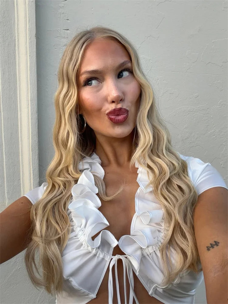 Tossy White Ruffled Lace-Up Tank Top For Women Pleated Solid Sleeveless Cardigan Cropped Top Summer Commute Sexy Bandage Y2k Top