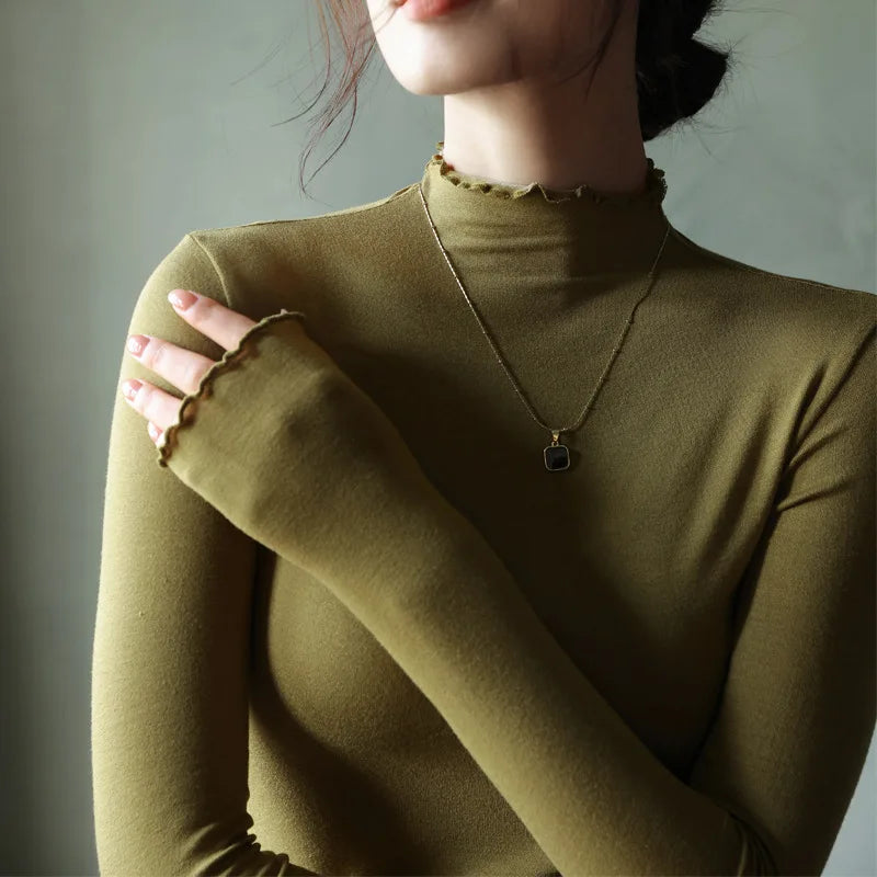 Modal Semi-turtleneck Women's Long Sleeve T-shirts Fungus Edge Women Bottoming Tee Shirt Inner Long-sleeved Woman Tops Tees