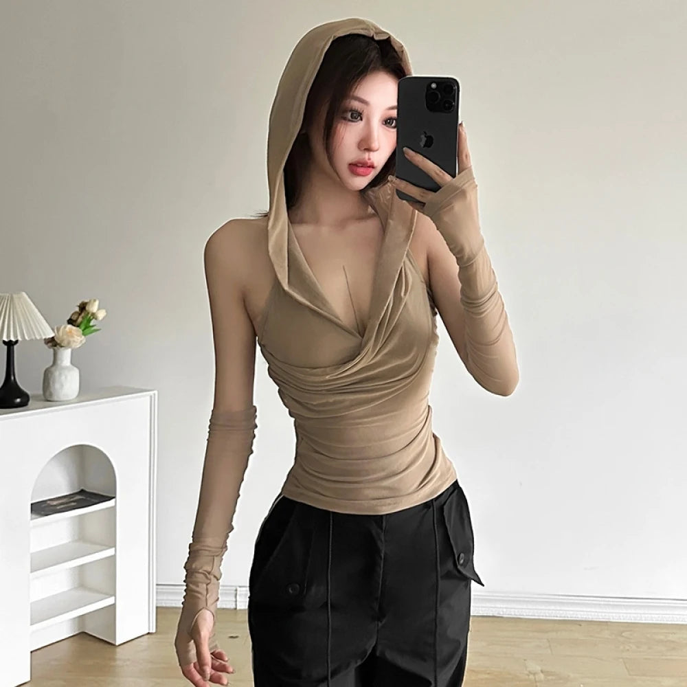 SylCue Casual With A Hat Solid Frenulum Backless Ruched Versatile Atmosphere Style Fashion Skinny Advanced Sense 2024 Hot Vest