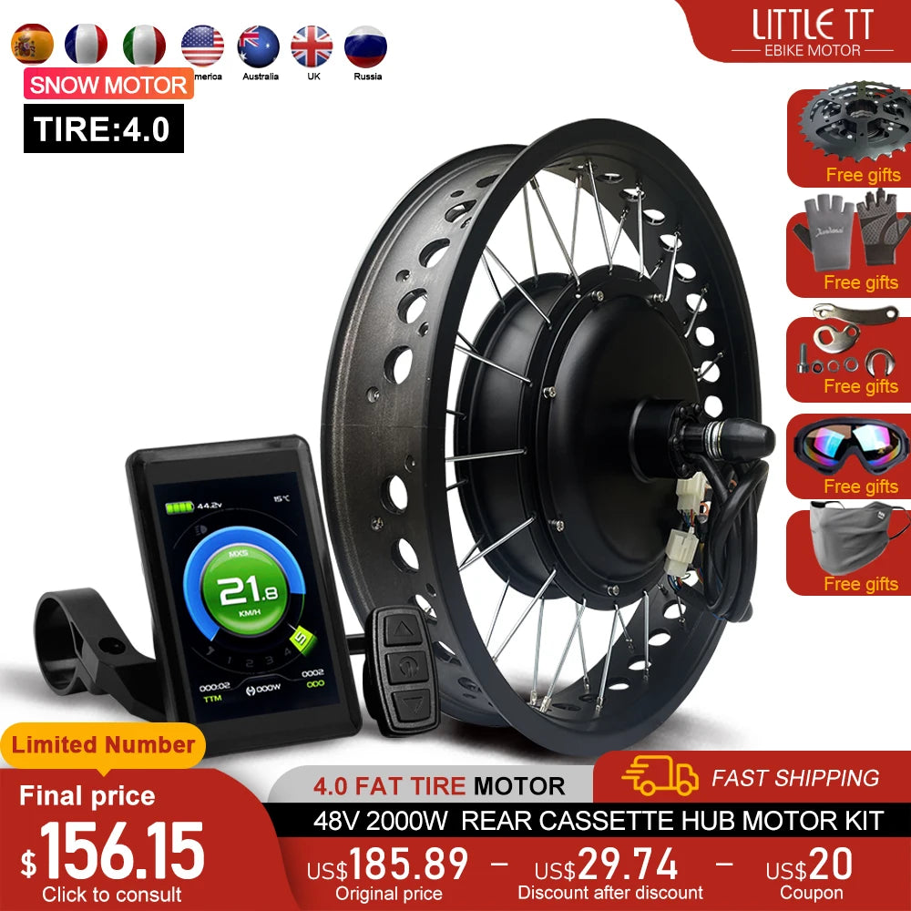 48V2000W Electric Fat Bike Motor Kit 4.0Tyre Rear Dropout 190mm Brushless Non-gear Hub Motor Wheel for Snow Ebike Conversion Kit