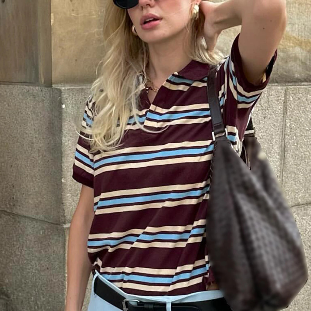 Fashion Womens Striped Shirts Short Sleeve Lapel Collared Teen Girls Preppy Henley 90s Vintage Tee Crop Tops Y2K T Shirts