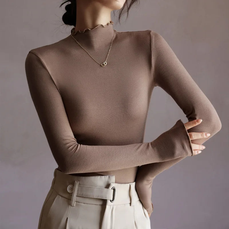 Modal Semi-turtleneck Women's Long Sleeve T-shirts Fungus Edge Women Bottoming Tee Shirt Inner Long-sleeved Woman Tops Tees