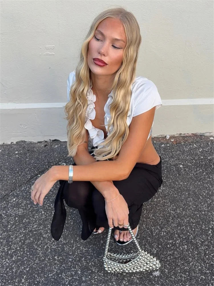 Tossy White Ruffled Lace-Up Tank Top For Women Pleated Solid Sleeveless Cardigan Cropped Top Summer Commute Sexy Bandage Y2k Top