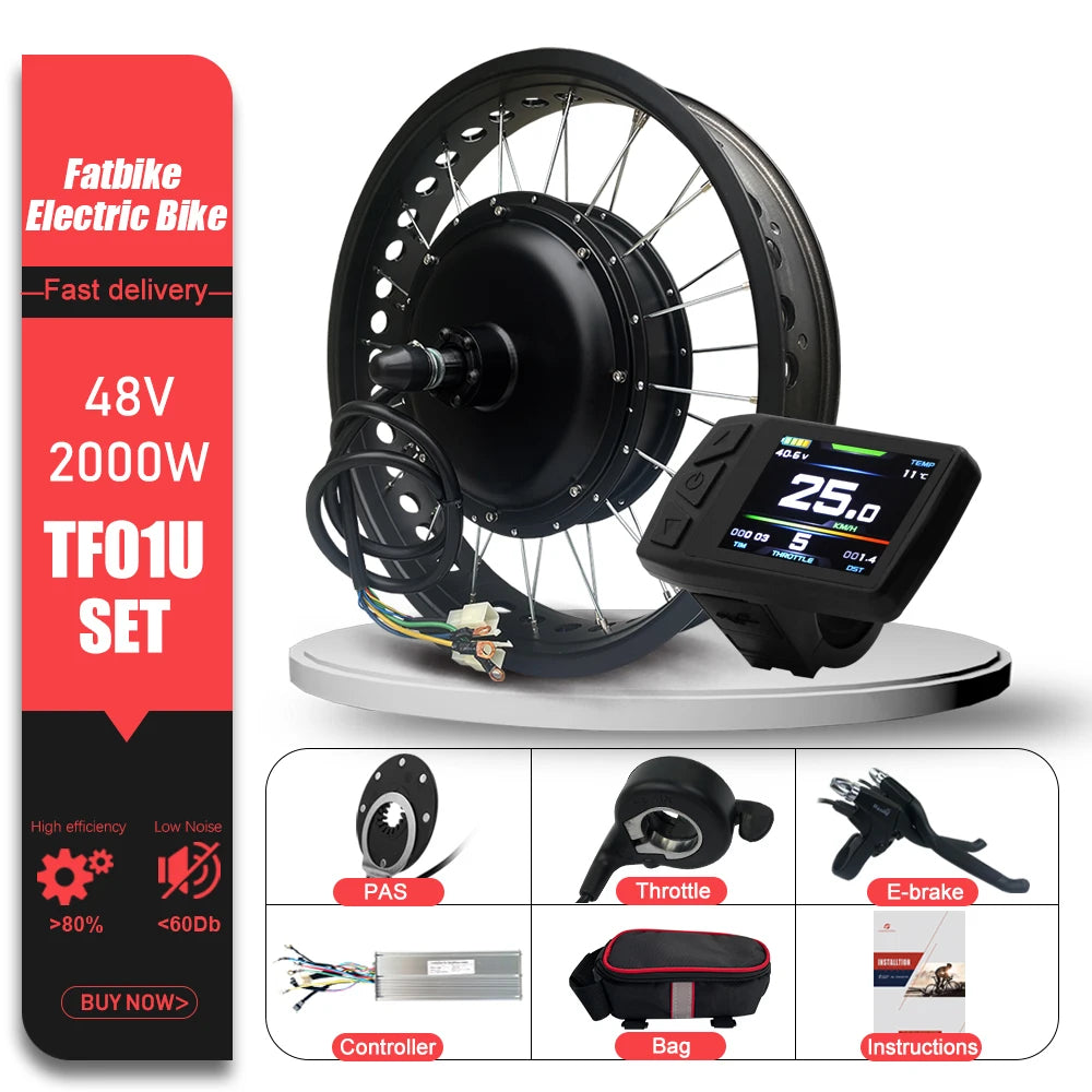 48V2000W Electric Fat Bike Motor Kit 4.0Tyre Rear Dropout 190mm Brushless Non-gear Hub Motor Wheel for Snow Ebike Conversion Kit