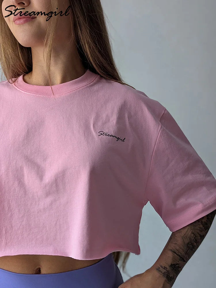 White Cotton Crop T Shirts For Women Loose Fit Summer Sexy Baggy Crop Top Tee Short Sleeve Oversize Cropped T Shirt Women Purple