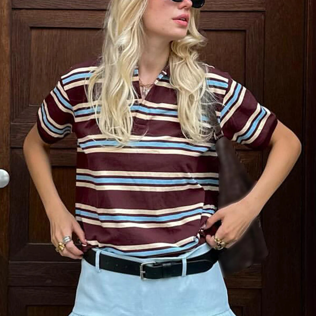 Fashion Womens Striped Shirts Short Sleeve Lapel Collared Teen Girls Preppy Henley 90s Vintage Tee Crop Tops Y2K T Shirts
