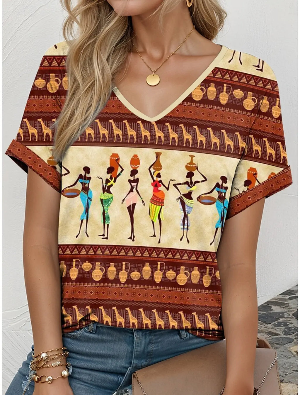 2025 Ethnic Women's T-Shirt Vintage Graphics Fashion Short Sleeved V-Neck Regular Tops Daily Print Tee Summer Spring Casual Tops