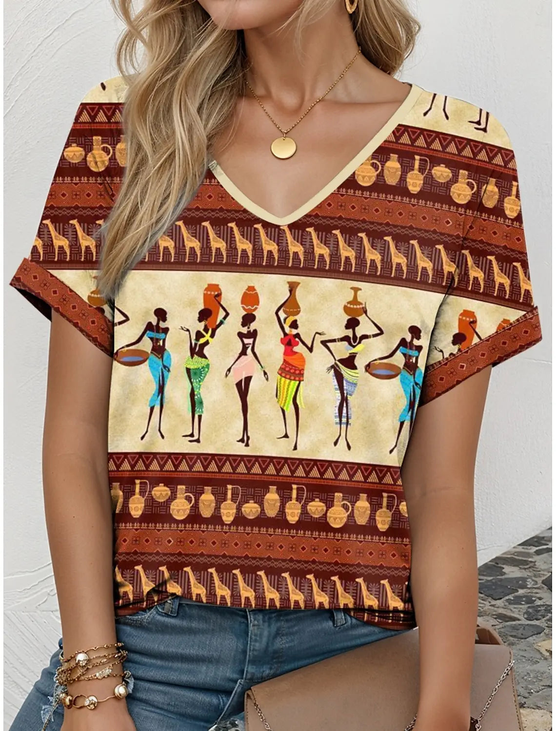 2025 Ethnic Women's T-Shirt Vintage Graphics Fashion Short Sleeved V-Neck Regular Tops Daily Print Tee Summer Spring Casual Tops