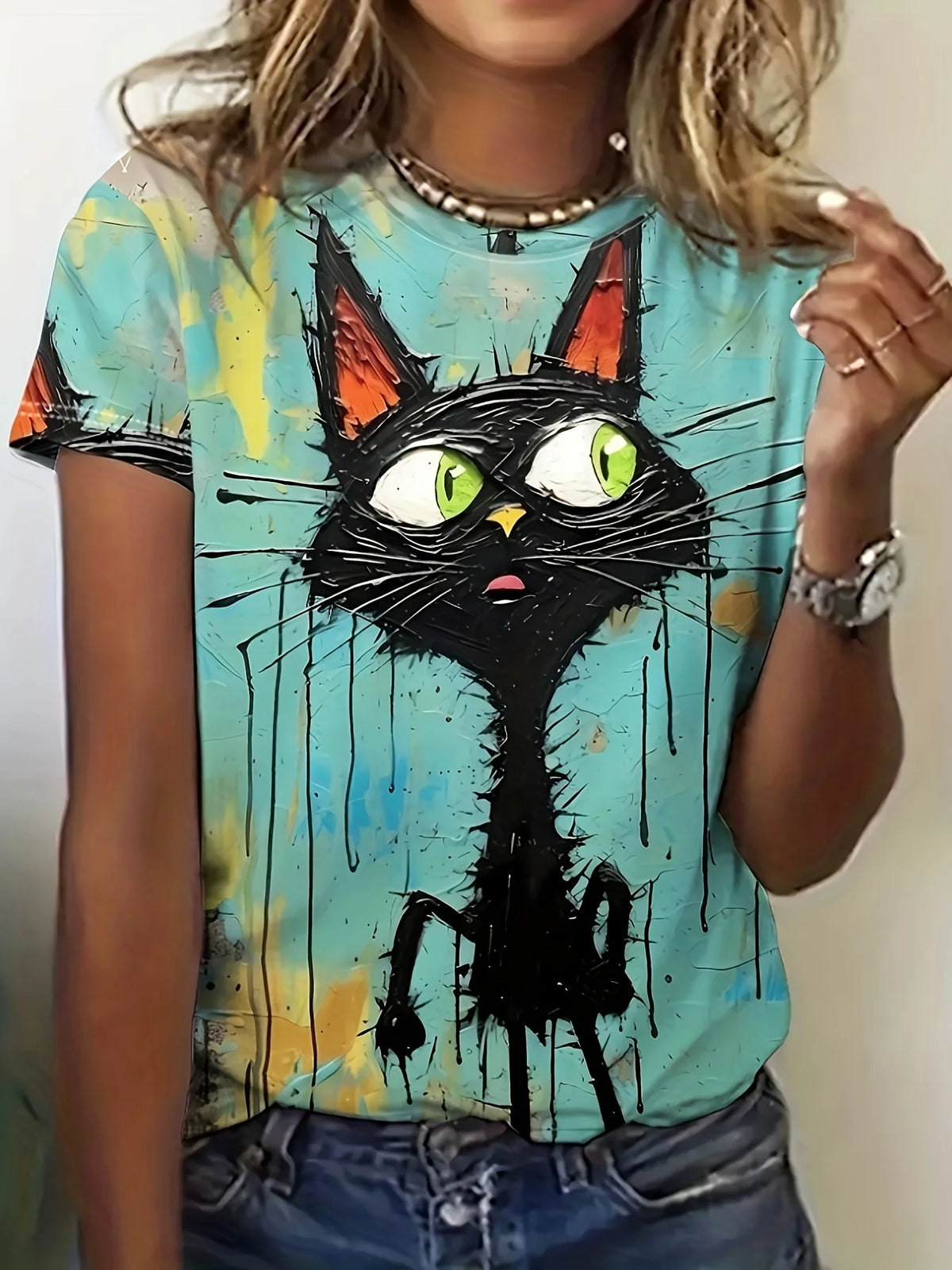 Turquoise Pop Art Cat Women's Tee - Bold Black Cat & Drip Graphic, Edgy Artistic Print Design for Casual Daily Wear