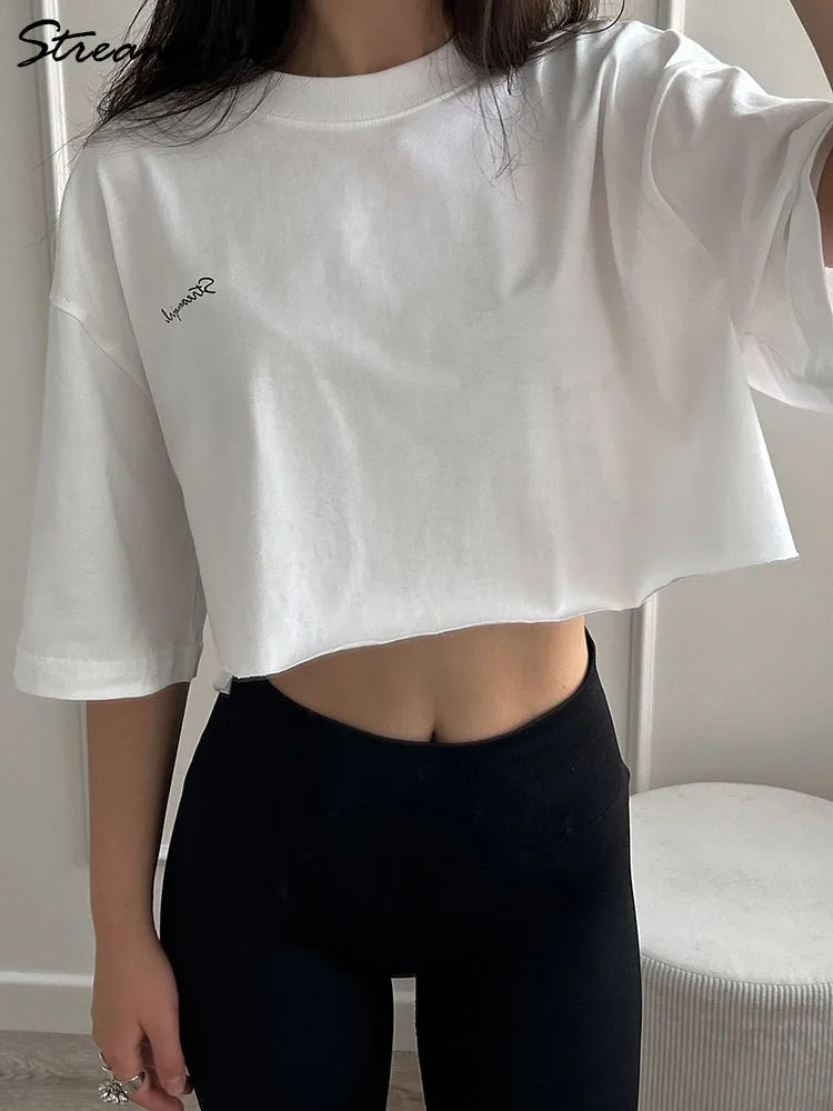 White Cotton Crop T Shirts For Women Loose Fit Summer Sexy Baggy Crop Top Tee Short Sleeve Oversize Cropped T Shirt Women Purple
