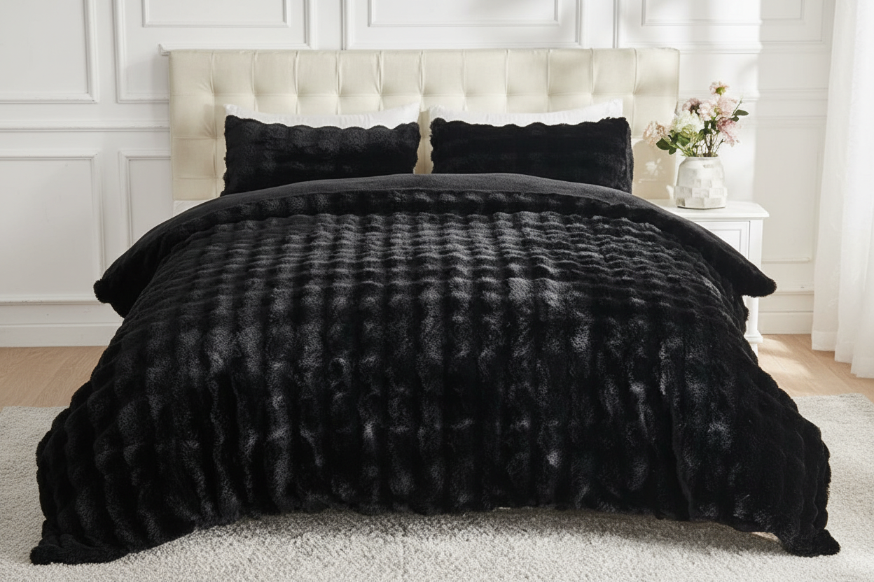 Black Faux Rabbit Fur Comforter Set