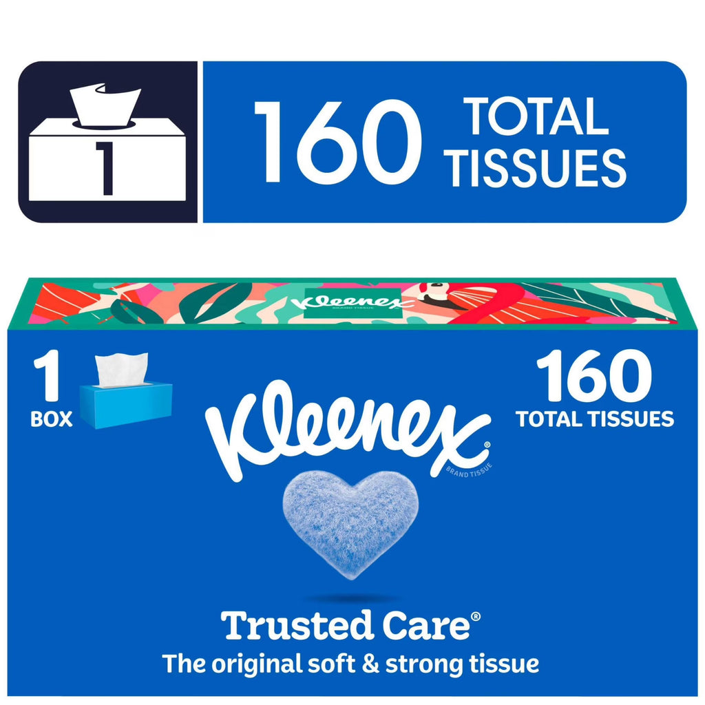 Kleenex Trusted Care Facial Tissues, 1 Flat Box, 160 Tissues per Box, 2-Ply